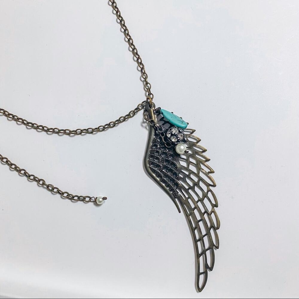 Boutique Angel Wing Turquoise Pearl Long Chain Statement Necklace